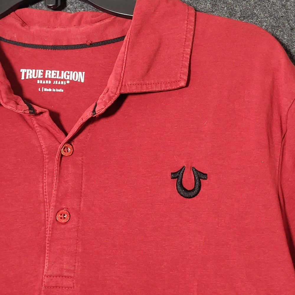 True Religion Mens Red Short Sleeve Horseshoe Logo Polo Shirt Large